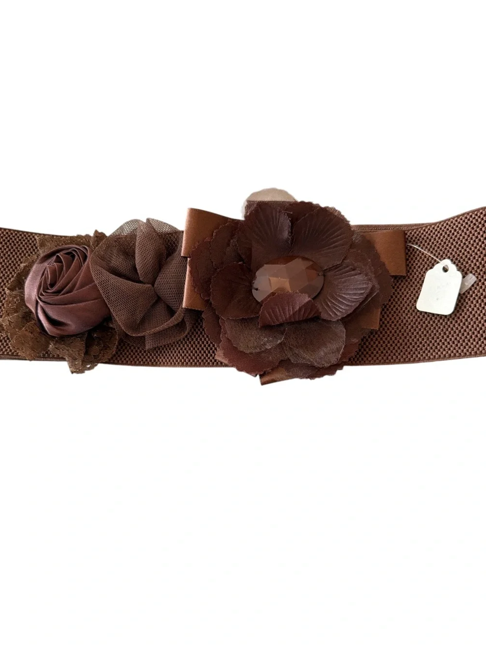 Ryu Brown Floral Clinch Belt 3 Snap Stretch Waist Dress Belt With Fabric Roses